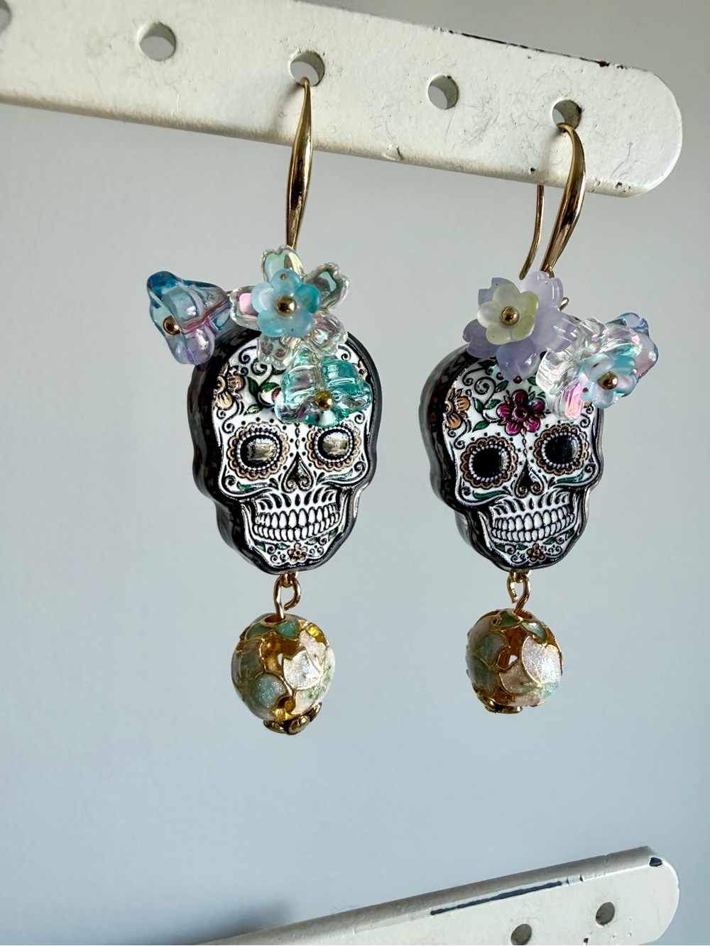 Sugar Skull Earrings with Floral and Enamel Accents